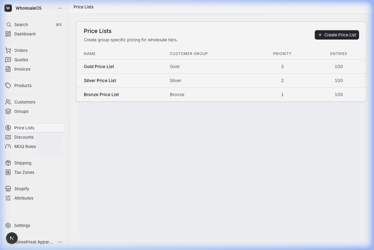 Tiered Price Lists — WholesaleOS