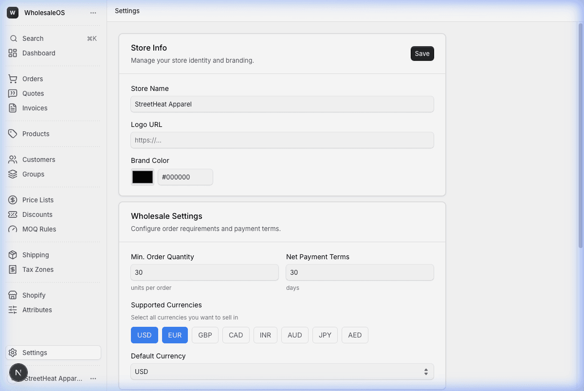 Wholesale Settings — WholesaleOS
